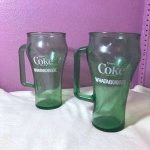 Enjoy Coke Cola Green Glass Whataburger Cowboy Set of Two Glass Mugs Collectible